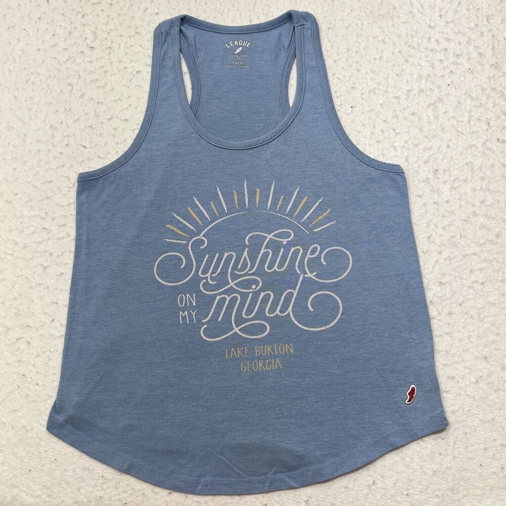 League Women's Large Blue Tank Top Sunshine on my Mind Lake Burton Georgia - Picture 1 of 12